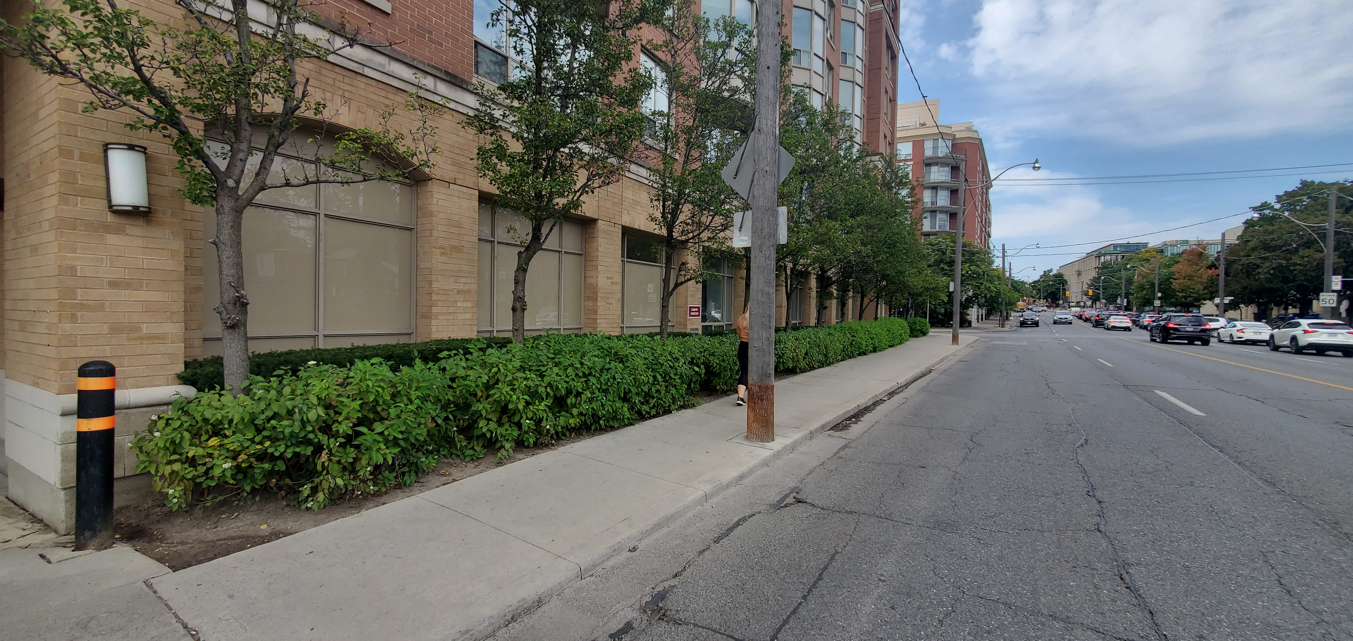 Side of the building providing a clear view of hedges