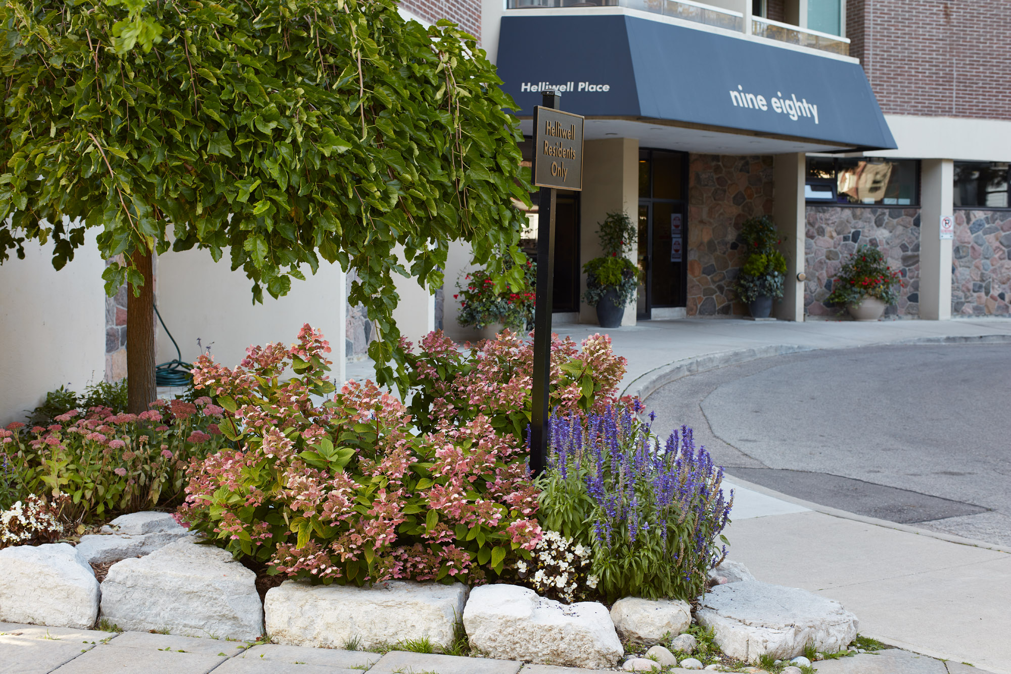 Showcasing garden bed containing perennials surrounded by natural stone