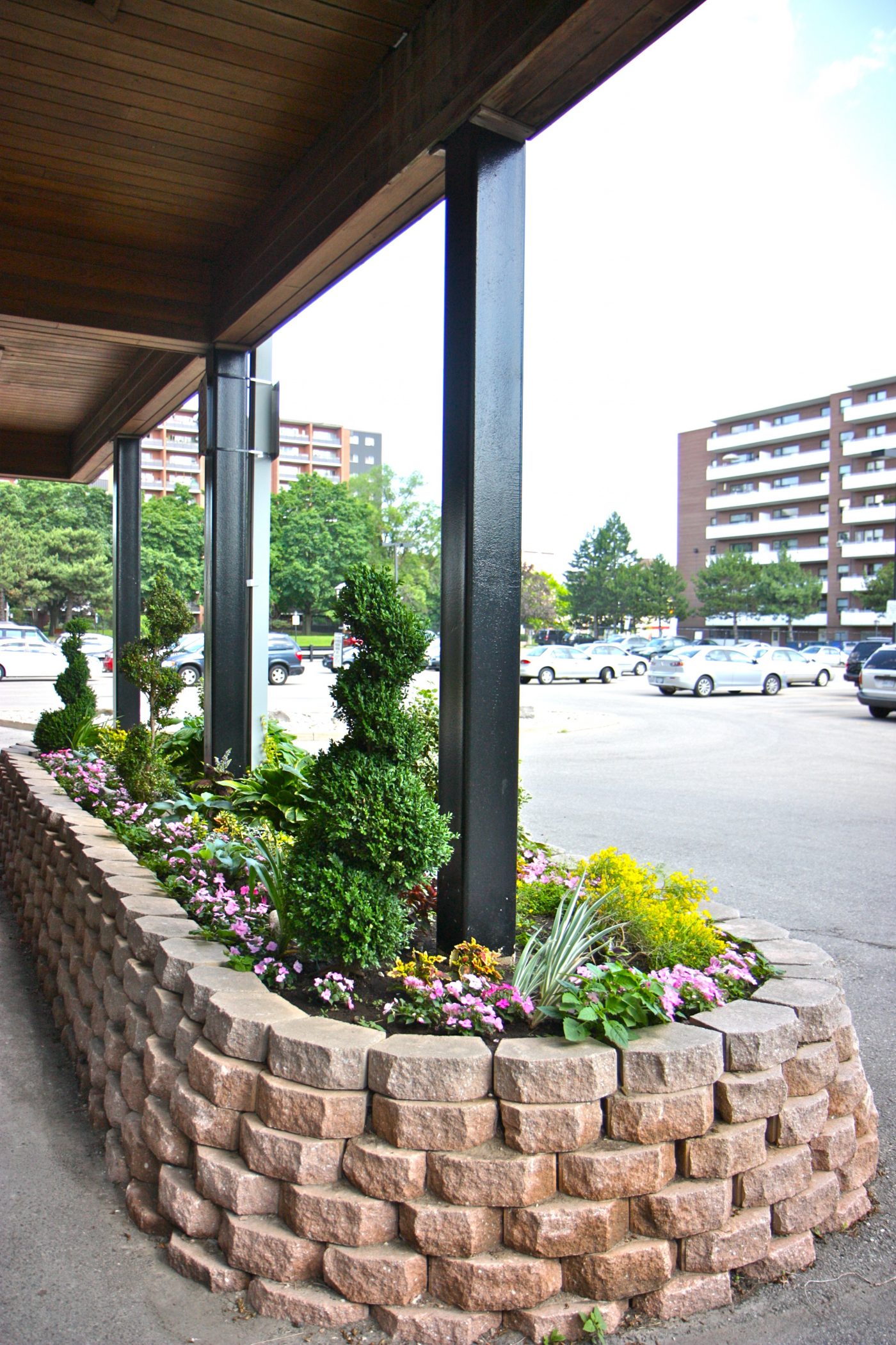 Raised garden bed at front of property with variety of plants