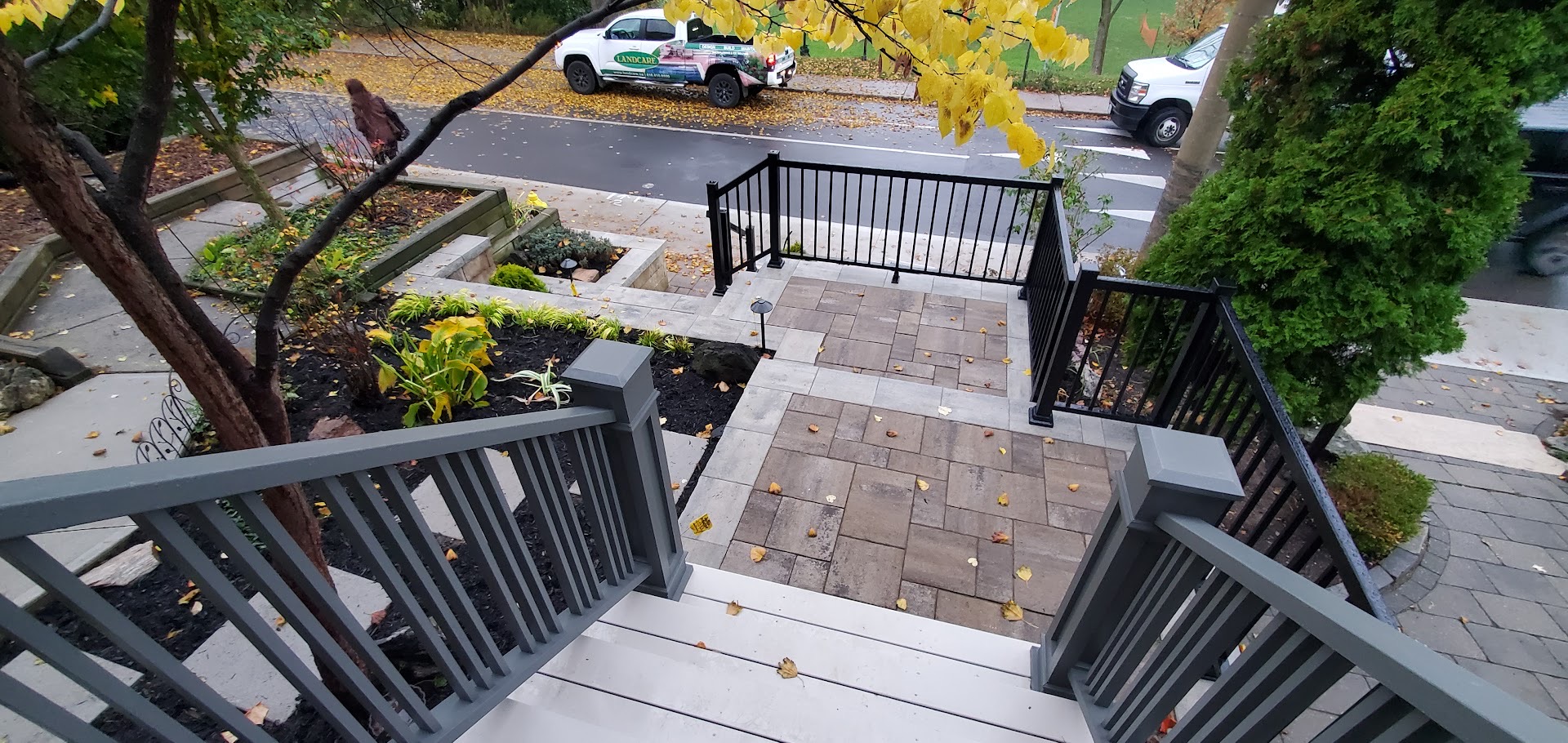 Stairwell view with stone and railings