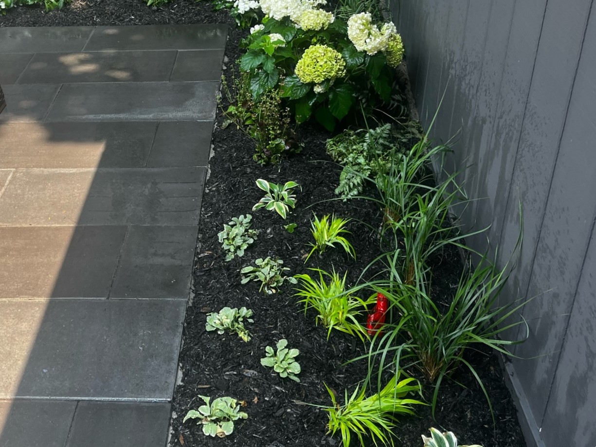 Garden Beds next to stone patio