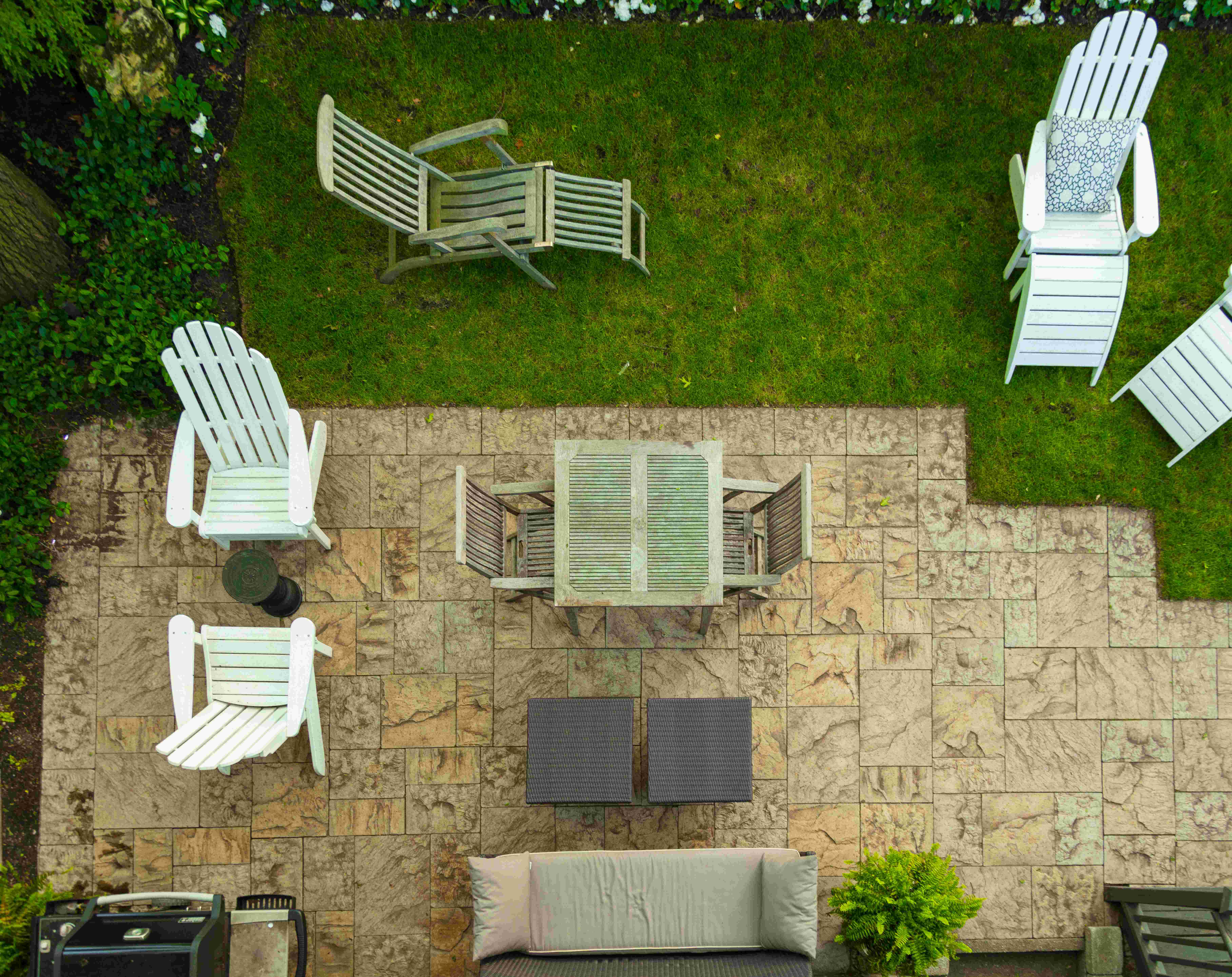 Aerial View of outdoor stone patio and grass space