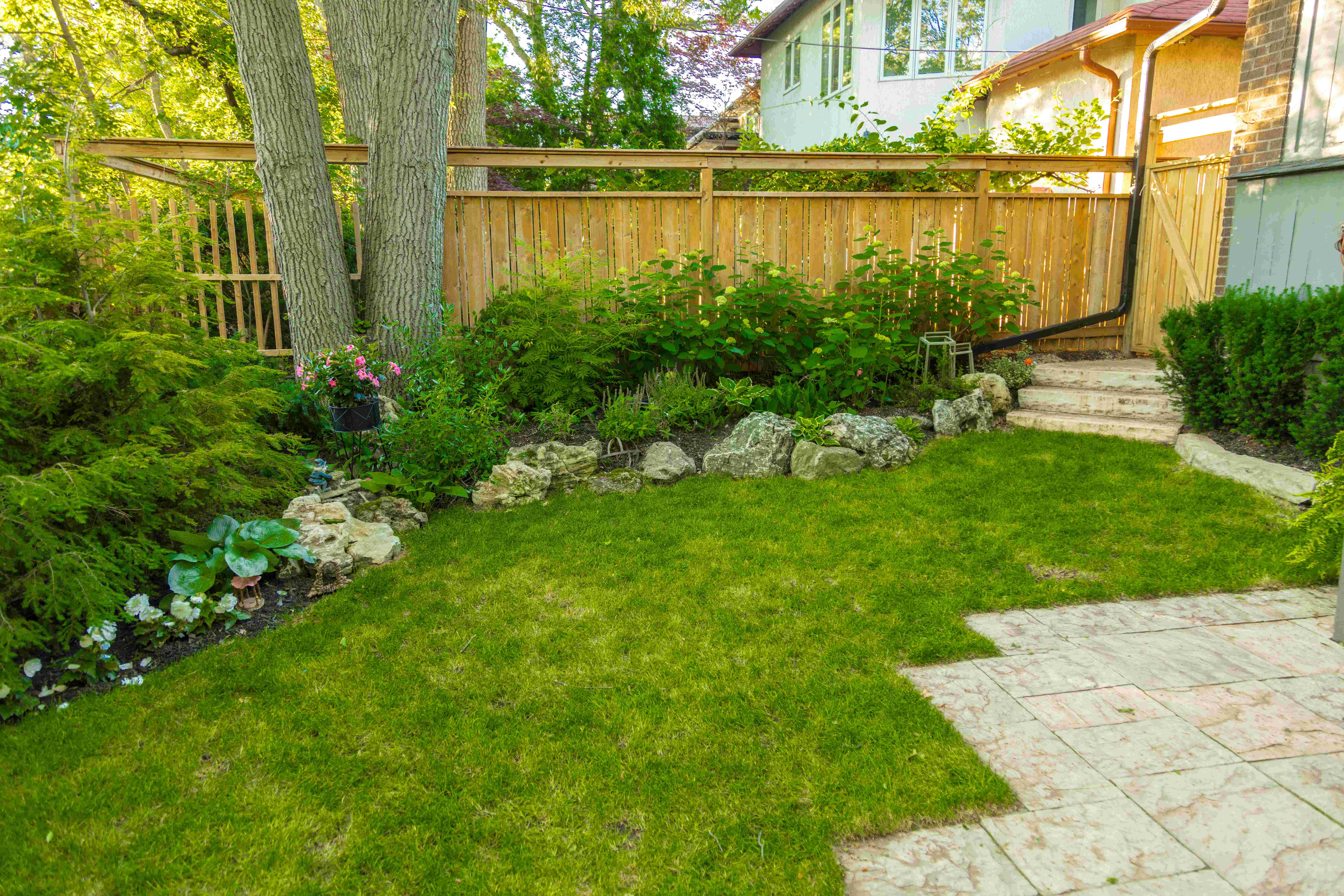 Patio leading to lawn space and surrounding gardens