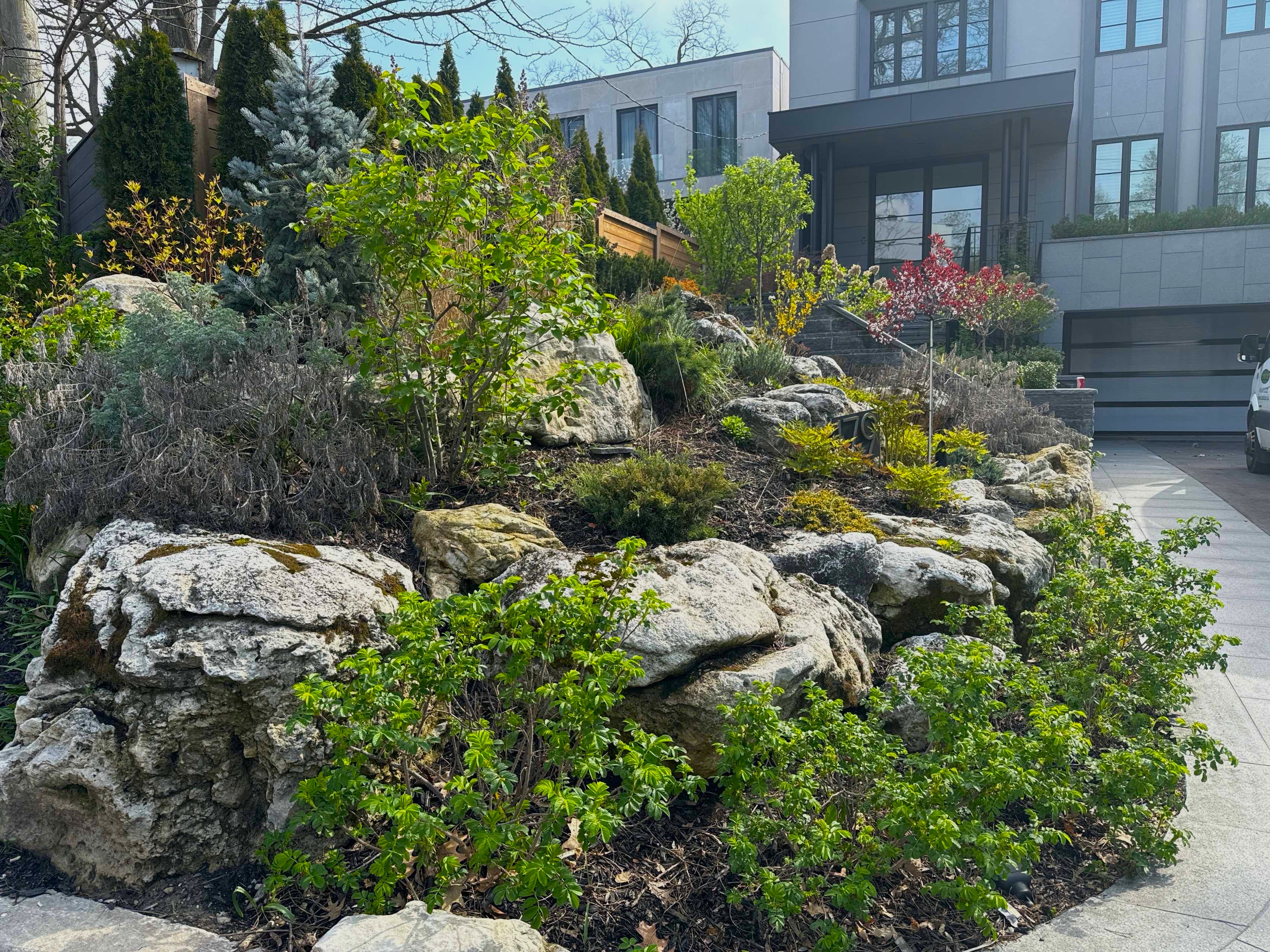 Natural Front Garden creates the feeling of being on the Canadian Sheild with natural stone and plants