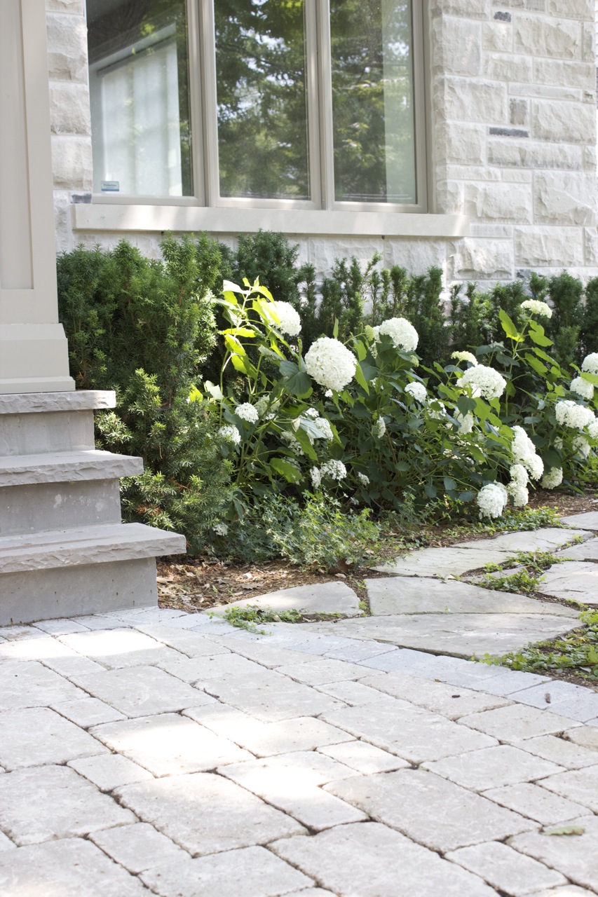 stone interlock walkway with bushes on either side of the doorway