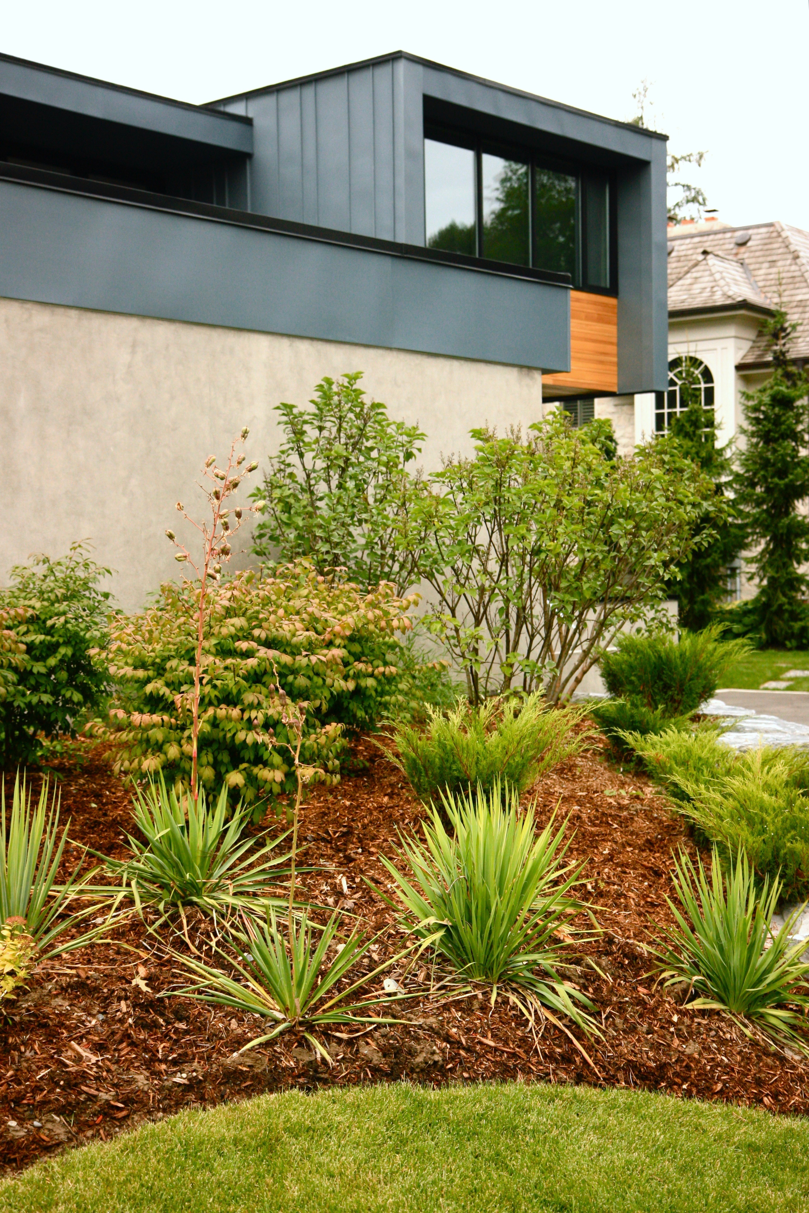 Brown mulch garden beds at front side of house