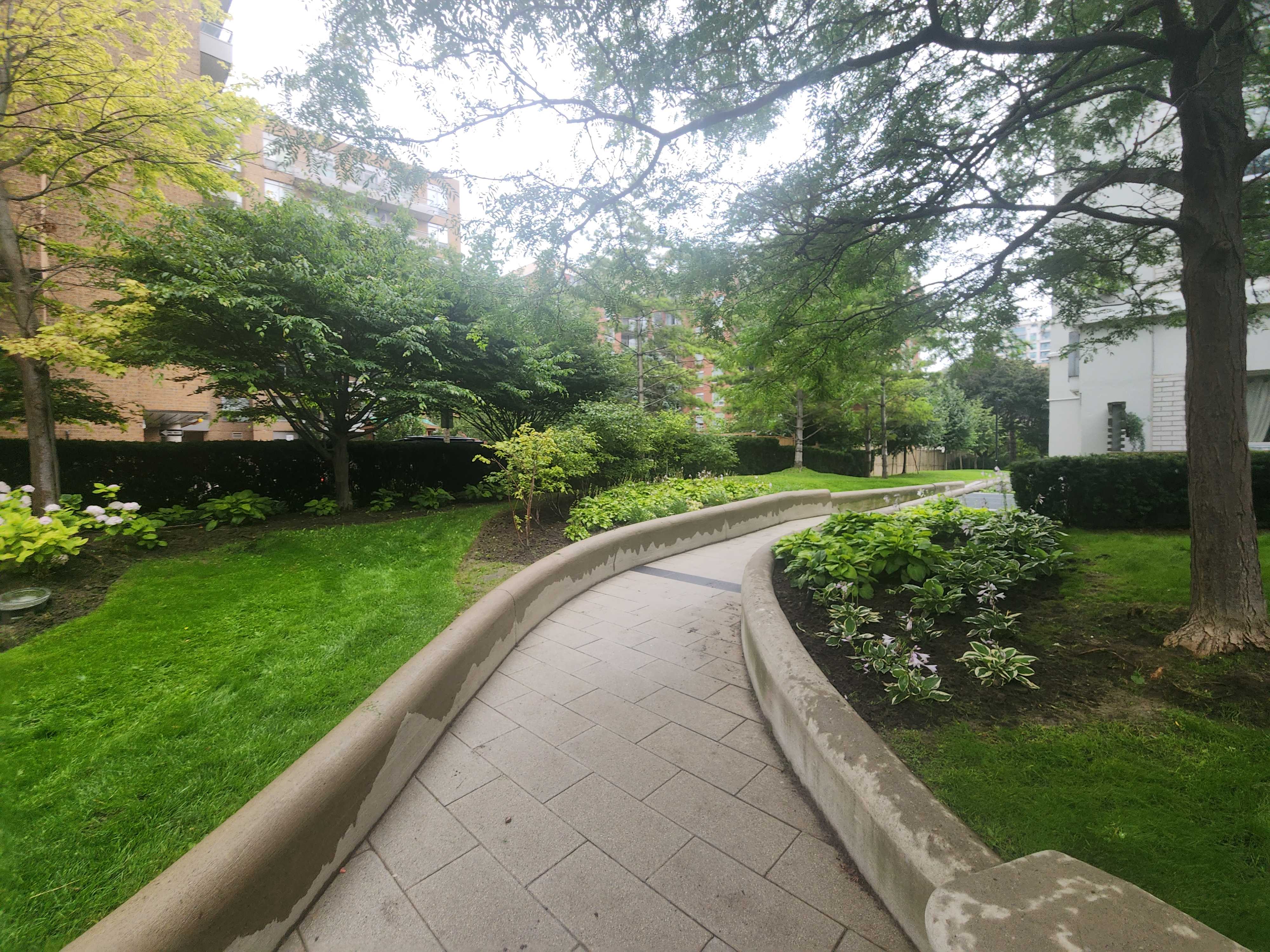 Pathway through the grounds with lawn space and garden space