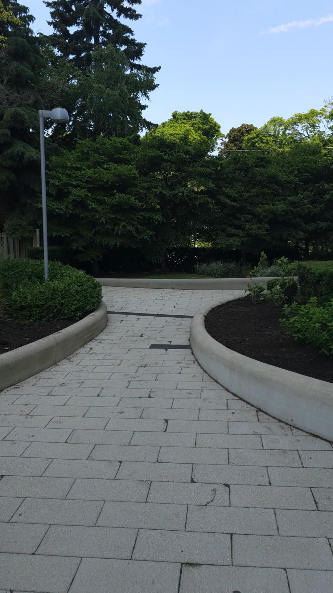 Walkway at back of building with gardens beds on either side