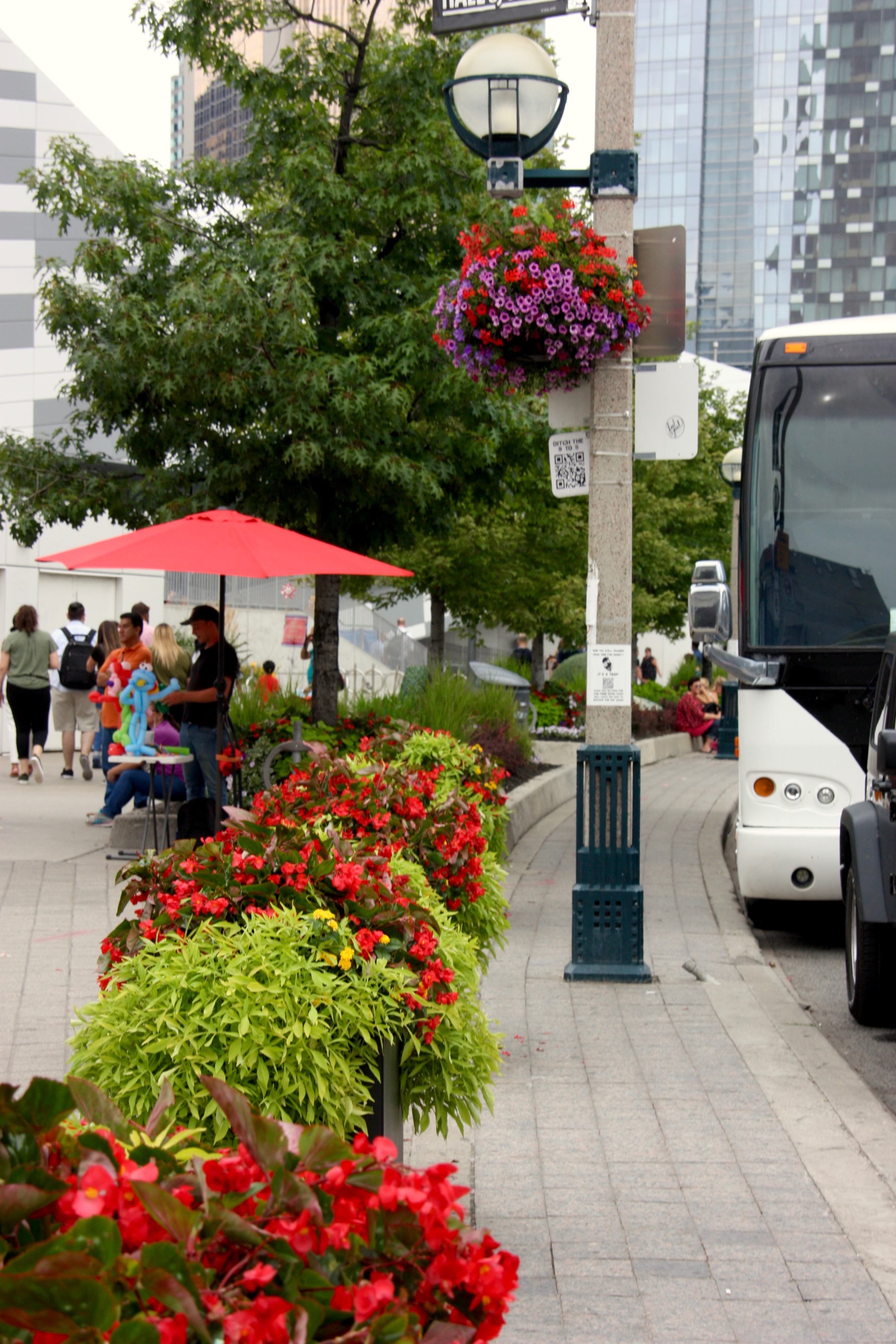 Streetside view of large planters
